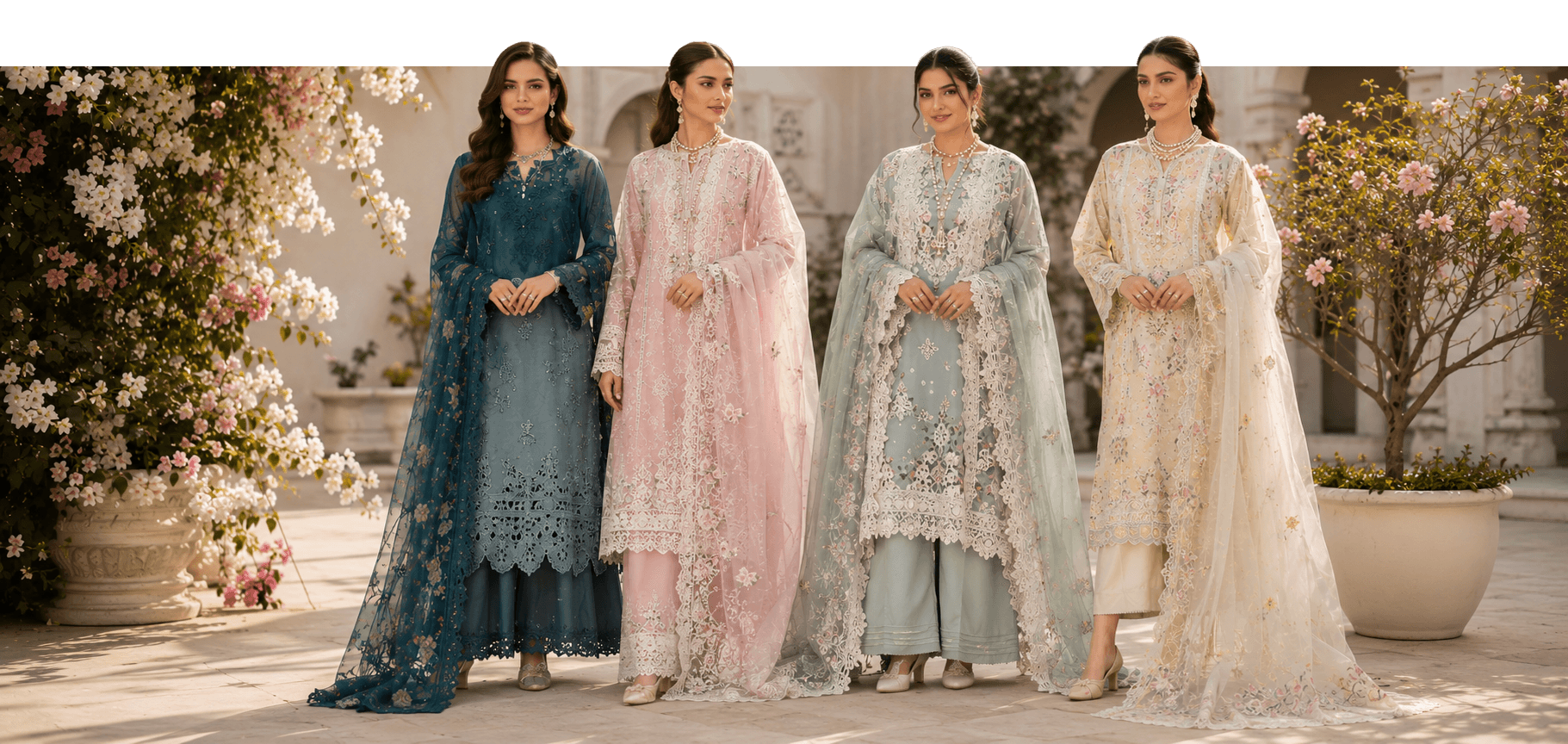 Women wearing elegant boutique dresses in a sunlit courtyard